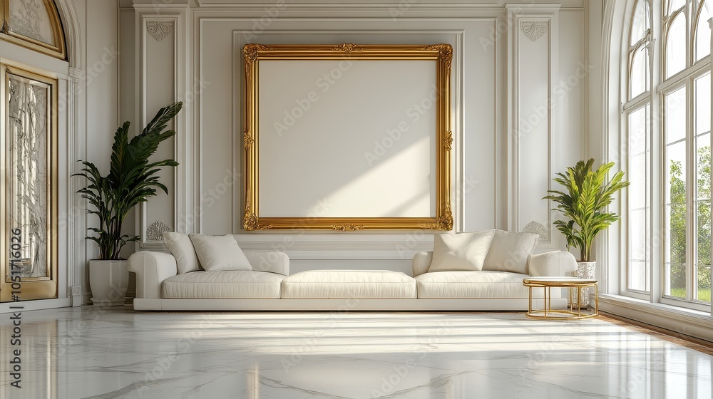 Fancy living room with an empty golden photo frame. Fancy living room with an empty golden photo frame.