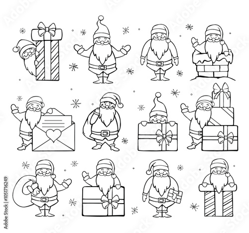 santa claus collection vector linear freehand drawing. sketches of santa claus for children's coloring vector. santa claus vector sketch
