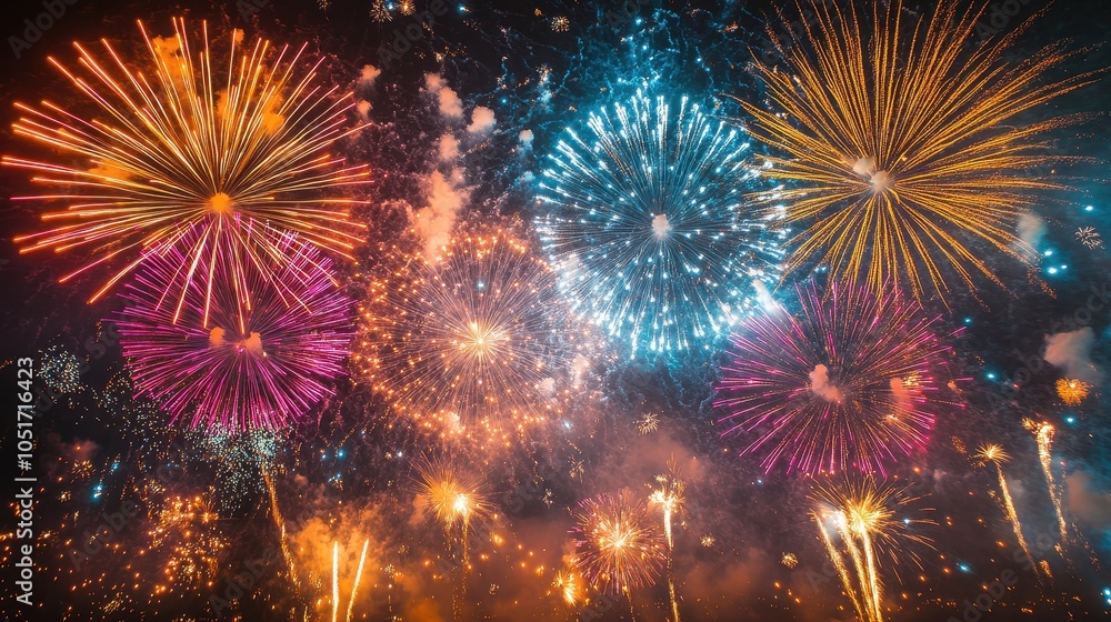 Fototapeta premium Fireworks lighting up the night sky, with colorful bursts creating a joyful atmosphere.