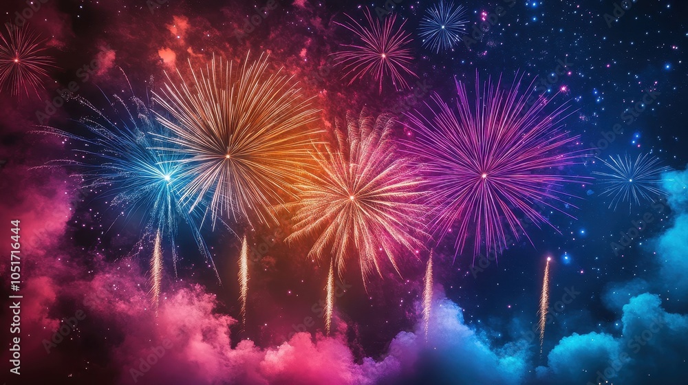 Fototapeta premium Fireworks lighting up the night sky, with colorful bursts creating a joyful atmosphere.