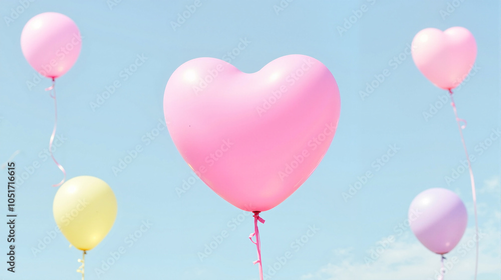 Pink heart balloon with pastel balloons against blue sky Pink heart balloon with pastel balloons against blue sky