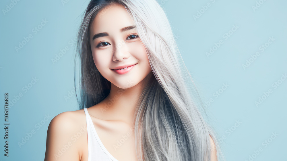 Portrait of smiling asian teenager girl with long and white hair blue background. Portrait of smiling asian teenager girl with long and white hair blue background.