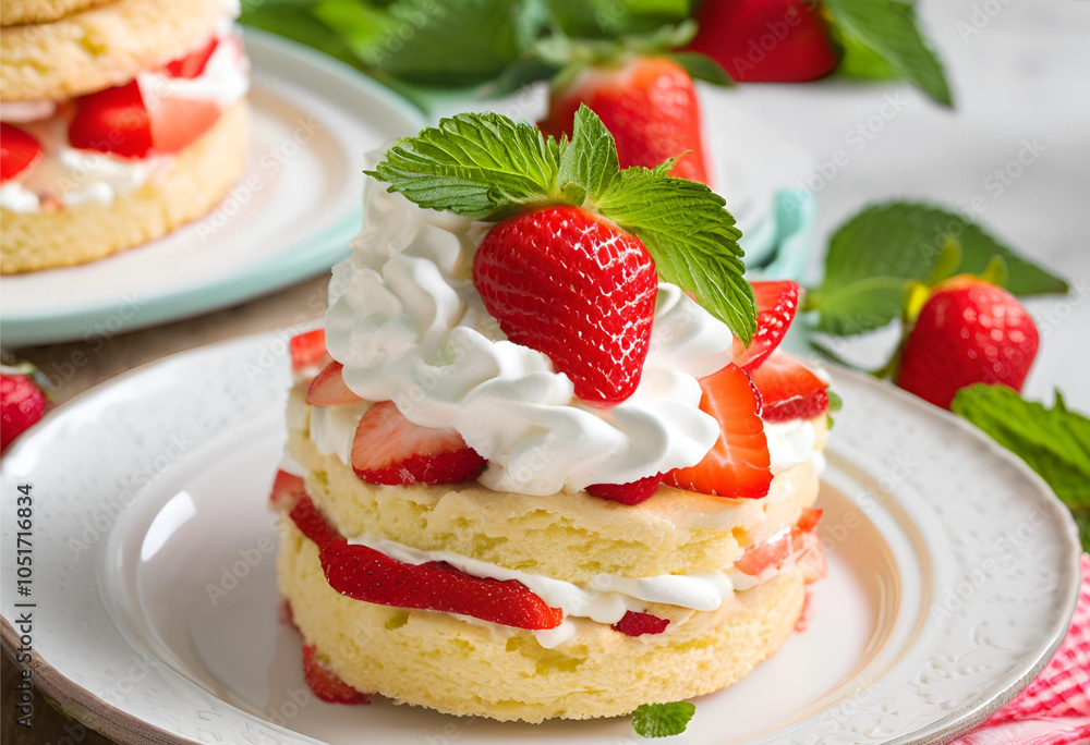 Classic Strawberry Shortcake with Sponge Cake and Mint Garnish Classic Strawberry Shortcake with Sponge Cake and Mint Garnish