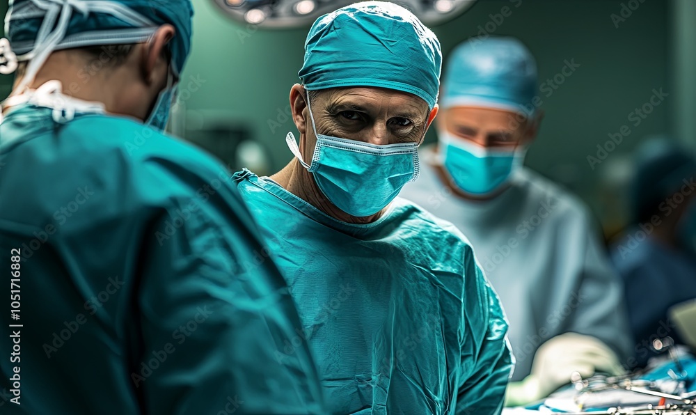 A focused surgeon looks intently at the camera while operating in the operating room. A focused surgeon looks intently at the camera while operating in the operating room.