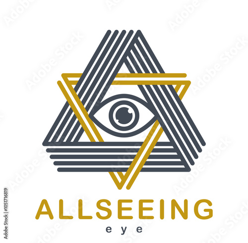 All seeing eye in triangle pyramid vector ancient symbol in modern linear style isolated on white, eye of god, masonic sign, secret knowledge illuminati.