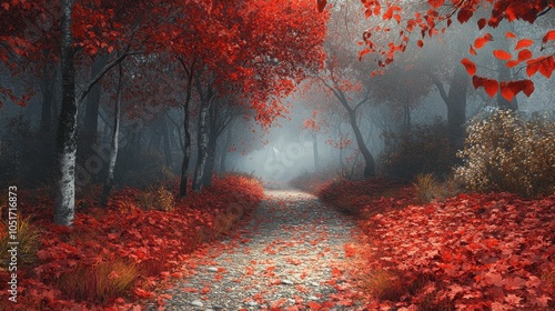 Forest path with a blanket of red leaves