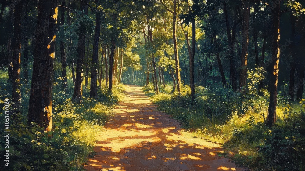 Forest path with dappled sunlight Forest path with dappled sunlight