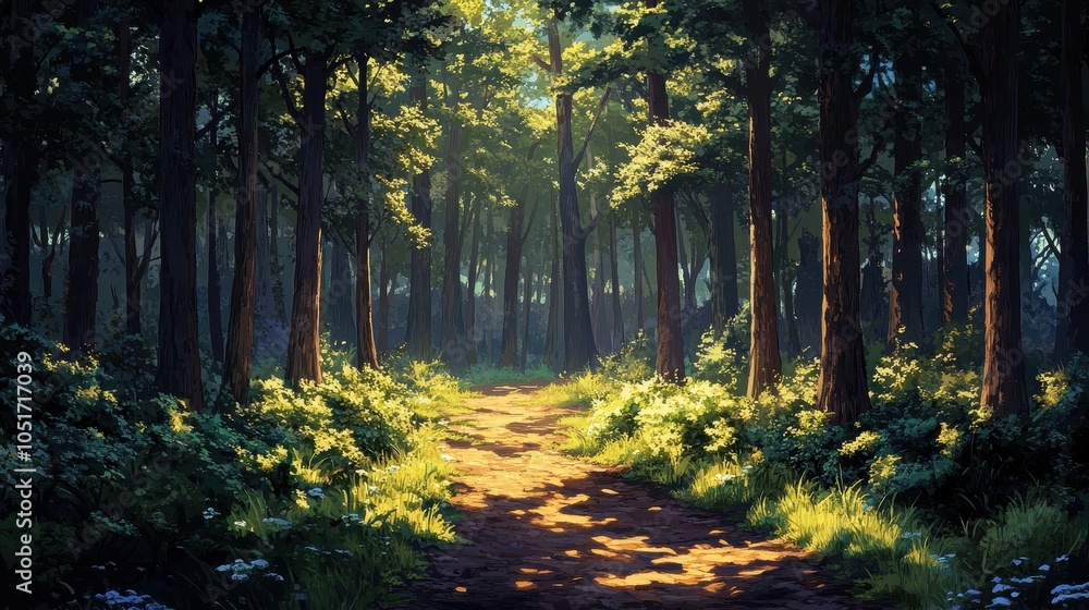 Obraz premium Forest path with dappled sunlight