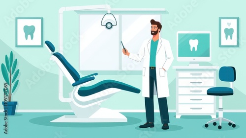 Friendly denist in a 2D dental clinic, standing beside a dental chair. Modern and inviting clinic illustration for dental care promotions. photo