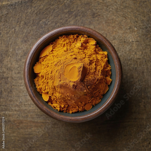 Organic Turmeric Powder in a Wooden Bowl for Herbal Wellness photo