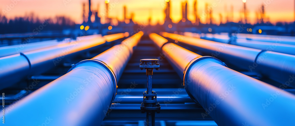 Fototapeta premium Vibrant sunset over a network of industrial pipelines showcasing the connection between energy sources and infrastructure.
