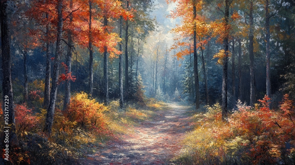 Fototapeta premium Forest trail with colorful foliage