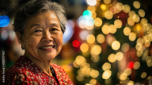 Serene Elderly Malaysian Woman in Christmas Ambiance with Cozy Lighting and Holiday Decorations photo