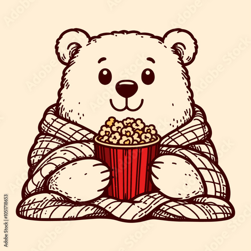 cute bear under a blanket with a popcorn, cozy movie time illustration