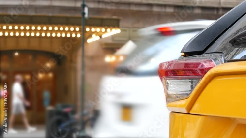 New York City Grand Central Terminal railway station, 42 street. Manhattan Midtown. Yellow taxi cabs, car transport on Pershing Square, NYC USA. American urban road traffic, people,telephone box kiosk