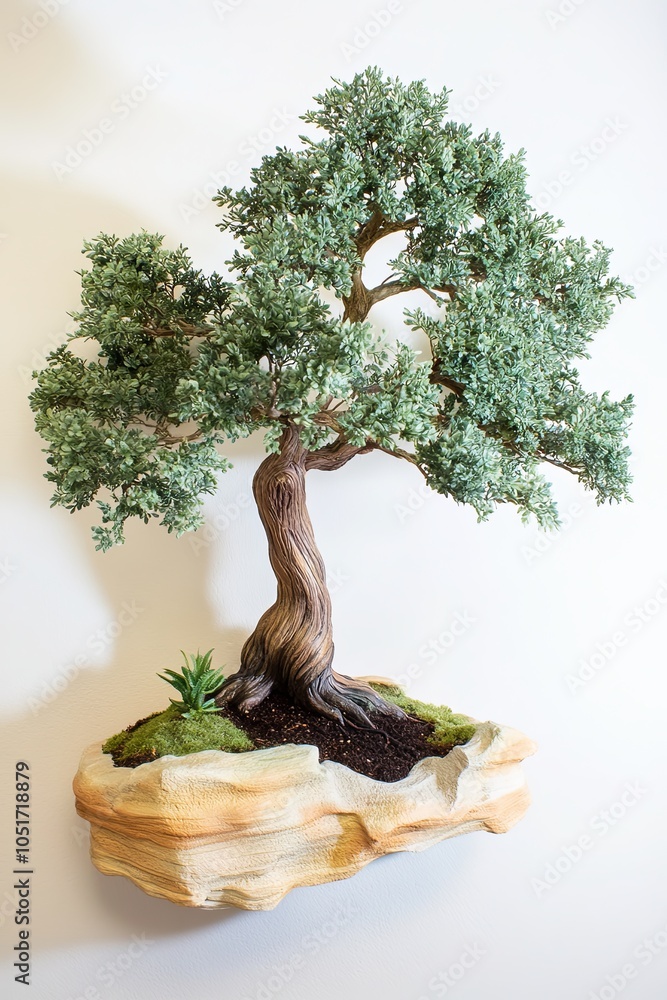 Fototapeta premium A miniature bonsai tree with twisted trunk and green foliage sits on a rock-like base, against a white background.