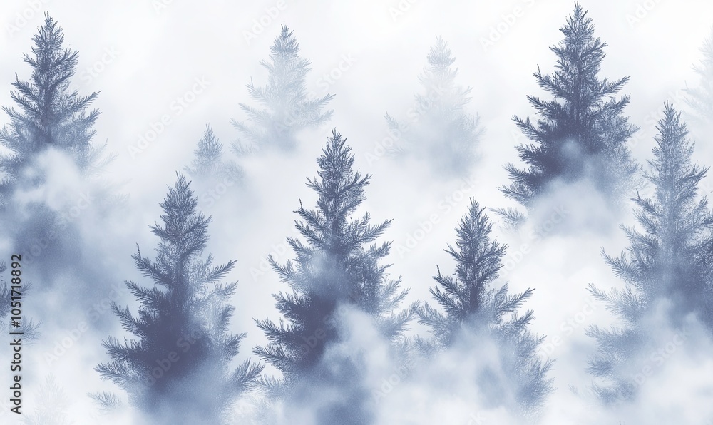 A misty forest with tall evergreen trees silhouetted against a hazy sky. A misty forest with tall evergreen trees silhouetted against a hazy sky.