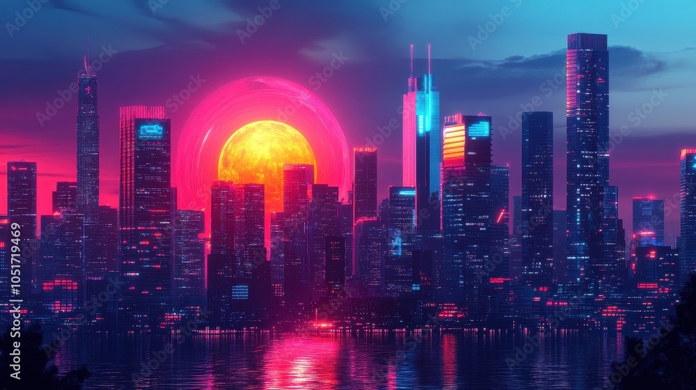 Fototapeta premium Futuristic cityscape with vibrant holographic advertisements.