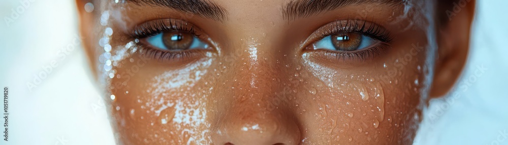Fototapeta premium Detailed closeup of a woman using natural mist spray on her face, droplets glistening on skin, fresh and dewy glow, soft light