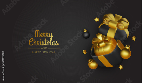 Happy New Year and Merry Christmas. Christmas holiday background with realistic 3d objects, Gift boxes, Christmas balls, snowflakes, conical metal stars.
