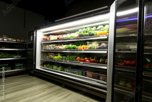 A refrigerated display case in a grocery store, filled with fresh produce.