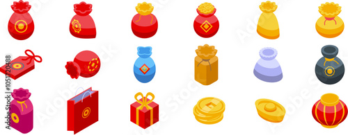 Chinese lucky bag icons set. Isometric icons representing traditional chinese new year elements, including lucky money bags, gifts, gold ingots, coins and lanterns
