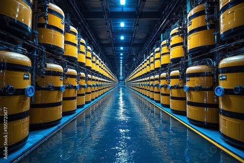 Industrial Facility with Rows of Yellow Cylinders and Water Reflection photo