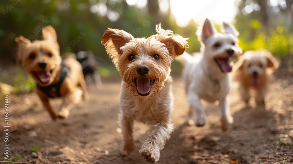 Group of happy dogs playing together at a dog park. Group of happy dogs playing together at a dog park.