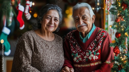 Tender Christmas Moments: Elderly Mexican Couple Embracing with Warmth and Love Among Festive Decorations