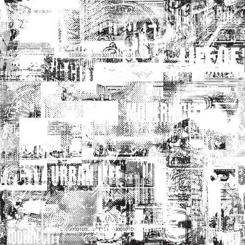 Abstract seamless pattern with newspaper headlines, concerned human eyes, urban landscapes. Chaotic vector background on the theme of city life in retro style. Wallpaper, wrapping paper, fabric design