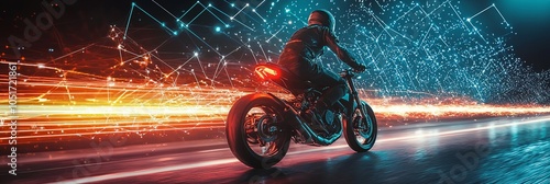 A motorcyclist speeds down a digital highway leaving a fiery trail, capturing the essence of power, freedom, and the blending of technology with human spirit. photo