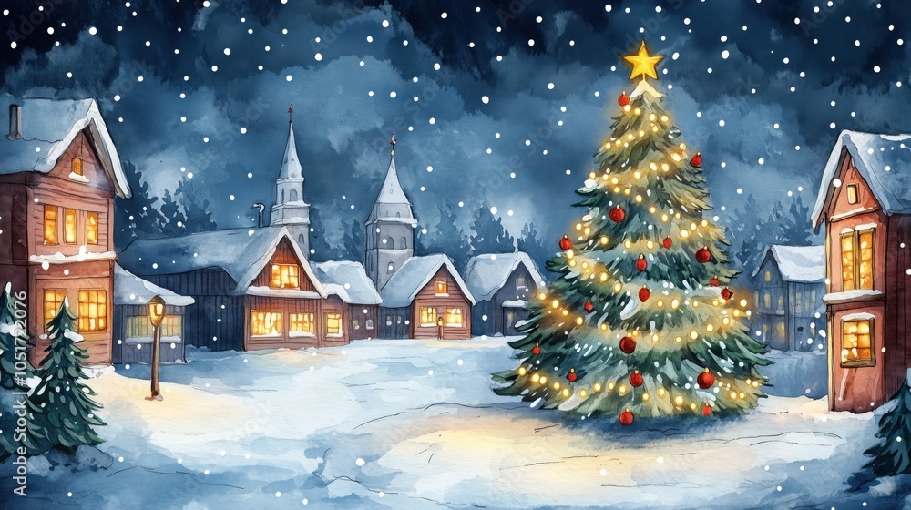 Christmas village scene with decorated tree, snow-covered houses, and festive atmosphere Christmas village scene with decorated tree, snow-covered houses, and festive atmosphere