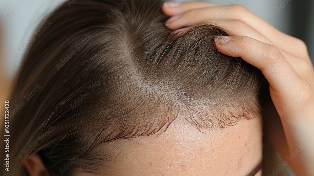 Fototapeta premium Hand gently touching a scalp with visible patches of hair loss.