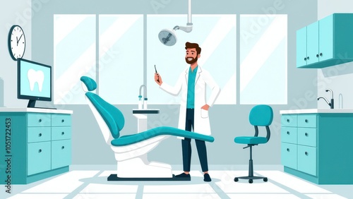 2D illustration of a denist in a modern clinic with dental chair and equipment. Ideal for medical and dental care themes in stock images. photo