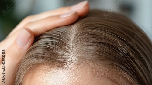 Hand gently touching a scalp with visible patches of hair loss.