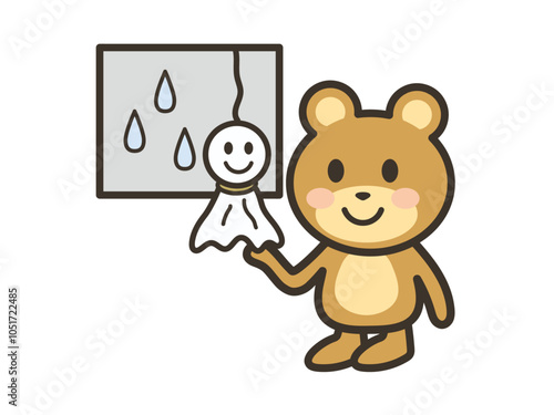 雨降りなのでてるてる坊主で晴れるのを願うかわいいくまさんのイラスト