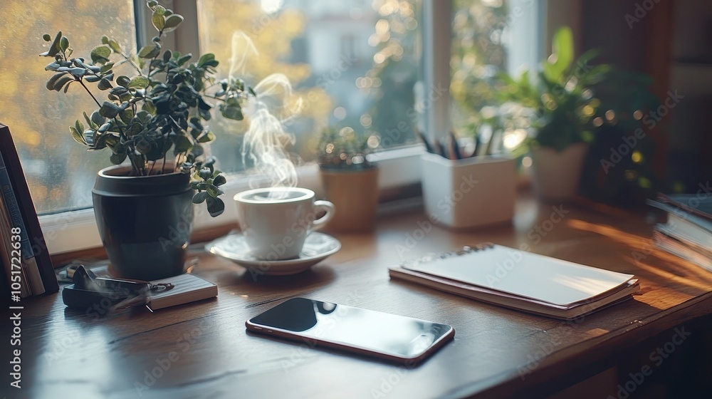 Hand phone mockup resting on a stylish desk, surrounded by stationery and a steaming cup of coffee. Hand phone mockup resting on a stylish desk, surrounded by stationery and a steaming cup of coffee.