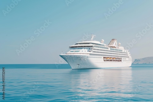 A luxurious cruise ship sails through the open sea under a bright blue sky, offering passengers an unforgettable vacation experience on the water.