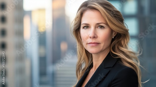 Closeup headshot of a female business leader, focused expression, with a blurred city background