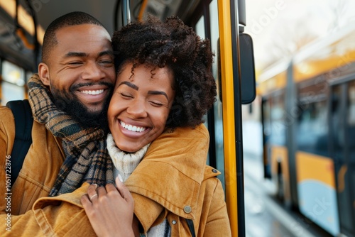 A joyful couple shares a warm embrace on a bus, smiling and radiating happiness as they travel together, enjoying each others company on the journey.