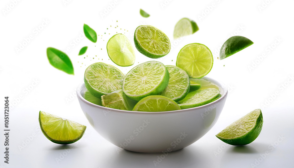 Obraz premium slices or chunks of lime fruit in a white bowl with chunks or slices floating or flying isolated white background
