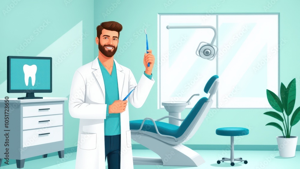 2D illustration of a denist in a modern clinic with dental chair and equipment. Ideal for medical and dental care themes in stock images. 2D illustration of a denist in a modern clinic with dental chair and equipment. Ideal for medical and dental care themes in stock images.