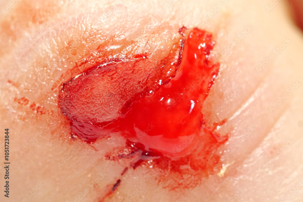 Fototapeta premium Injury of middle finger of right hand with bleeding. Flayed skin,blood and lymph