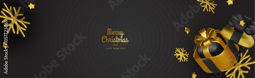 Happy New Year and Merry Christmas. Christmas holiday background with realistic 3d objects, Gift boxes, Christmas balls, snowflakes, conical metal stars.