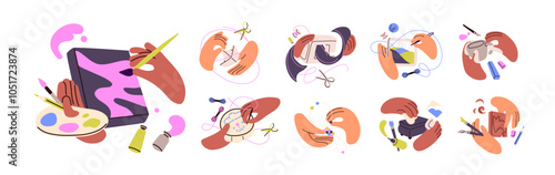 Different needlework set. People do handmade pottery, sewing, beading, diy jewelry, handcraft embroidery. Hands do needlecraft, handicraft in craft class. Flat isolated vector illustrations on white