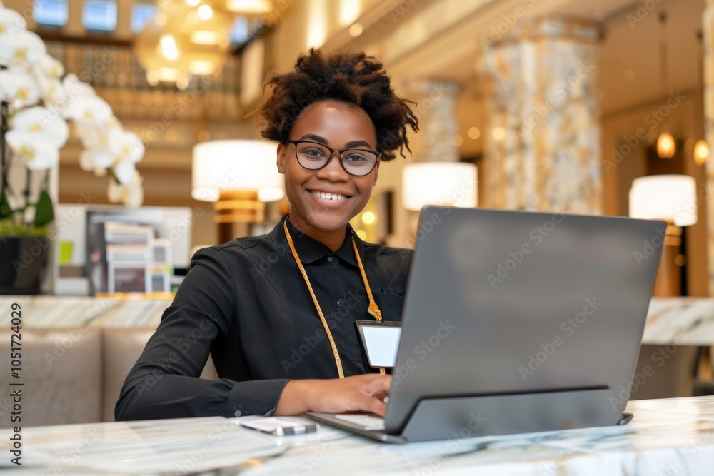 A young woman working at a hotel reception desk, offering a friendly and welcoming smile, wearing a professional uniform and providing exceptional service. A young woman working at a hotel reception desk, offering a friendly and welcoming smile, wearing a professional uniform and providing exceptional service.