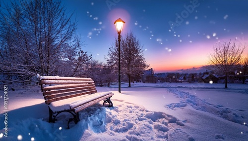 雪が積もったベンチと輝く氷の結晶、夕暮れの公園が美しいグラデーションを見せる冬のシーン
 photo