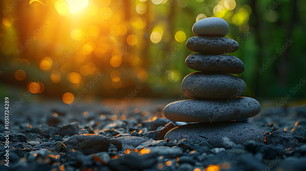 Obraz premium Balancing stones in a peaceful autumn forest at sunset inspiring tranquility and mindfulness