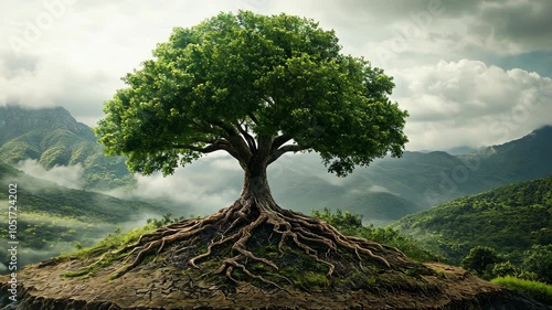 A large tree stands tall on a hillside, its roots spreading out over the ground, with a view of rolling hills and fog in the distance