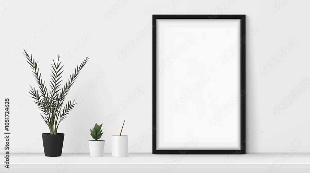 Scandinavian room interior with mock up photo frame on the brown bamboo shelf with beautiful plants in differents hipster and design pots. White walls. Modern and floral concept of shelfs Scandinavian room interior with mock up photo frame on the brown bamboo shelf with beautiful plants in differents hipster and design pots. White walls. Modern and floral concept of shelfs